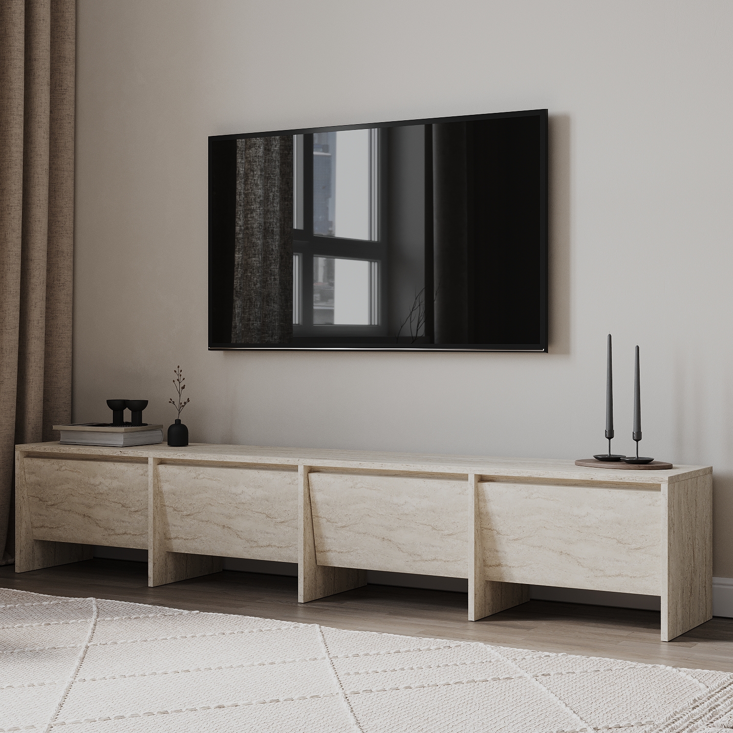 Laris 180 cm Tv Ünitesi – 4 Kapaklı, Traverten Desenli Laris 180 cm Tv Ünitesi – 4 Kapaklı, Traverten Desenli