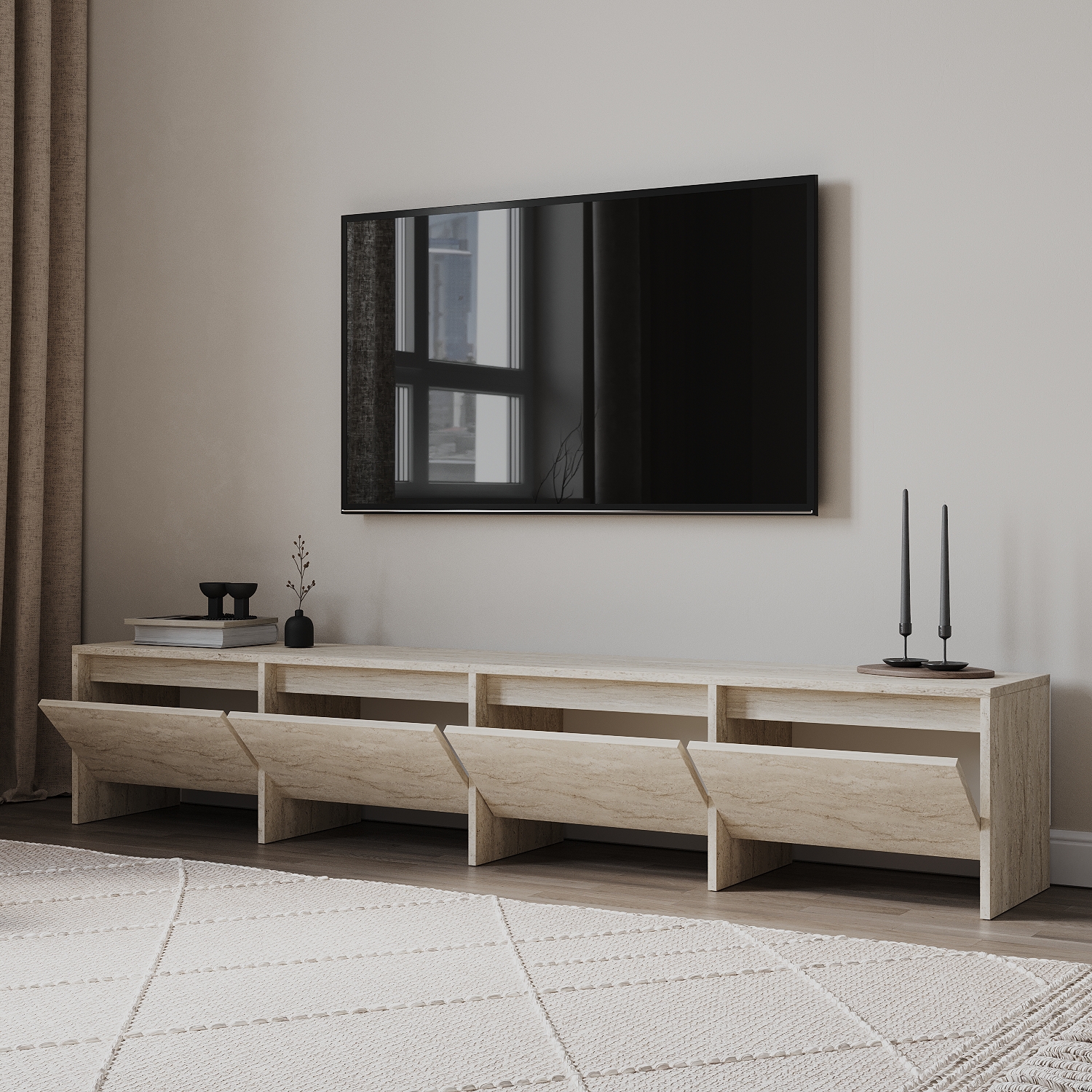 Laris 180 cm Tv Ünitesi – 4 Kapaklı, Traverten Desenli Laris 180 cm Tv Ünitesi – 4 Kapaklı, Traverten Desenli