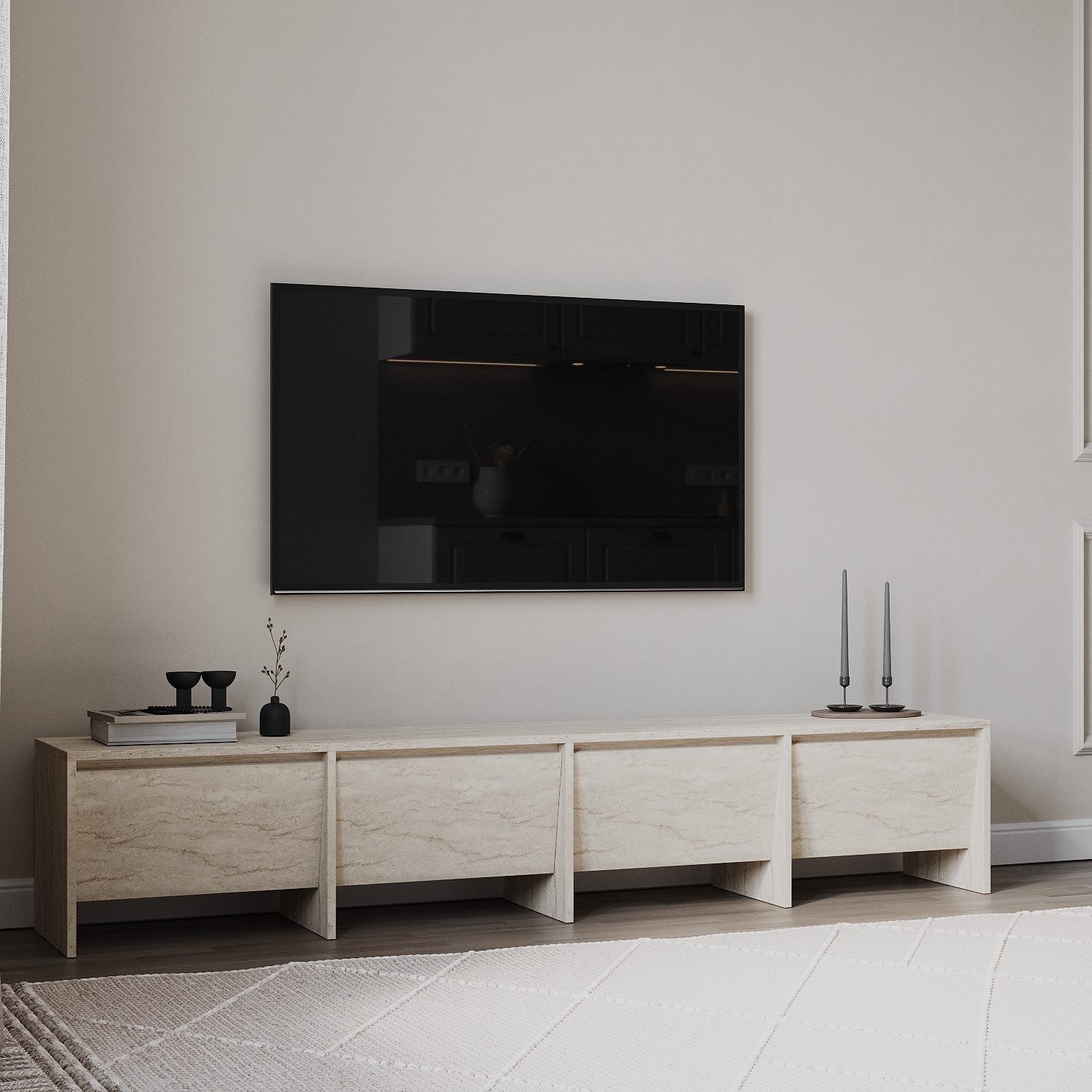 Laris 180 cm Tv Ünitesi – 4 Kapaklı, Traverten Desenli Laris 180 cm Tv Ünitesi – 4 Kapaklı, Traverten Desenli