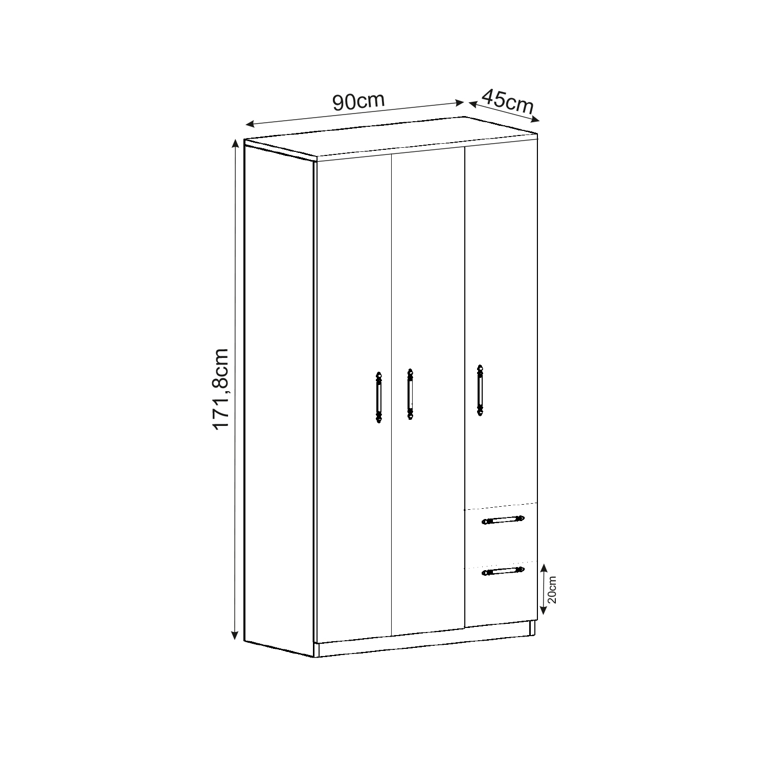 Vespera 3 Kapaklı, Çıta Detaylı, Çekmeceli Gardırop, Elbise Dolabı Beyaz 172 cm